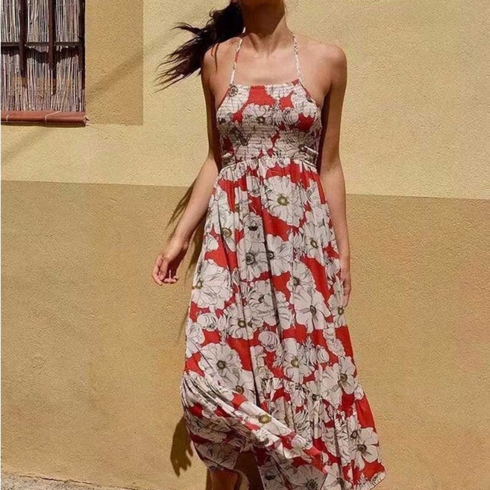 Free People Red and White Floral Maxi Dress